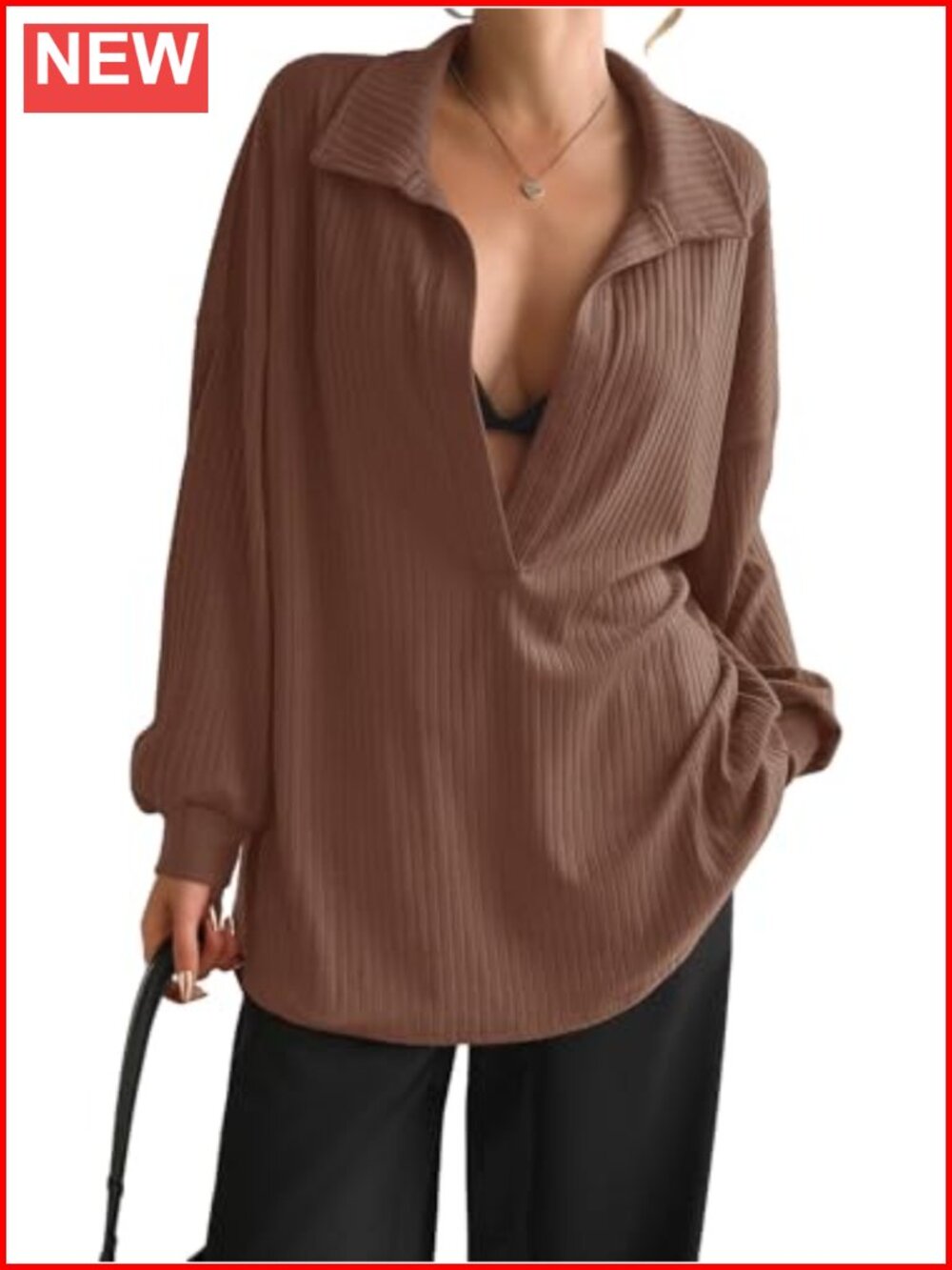 Oversized Deep V Neck Ribbed Knit Pullover Sweatshirt Casual Long Sleeve Top